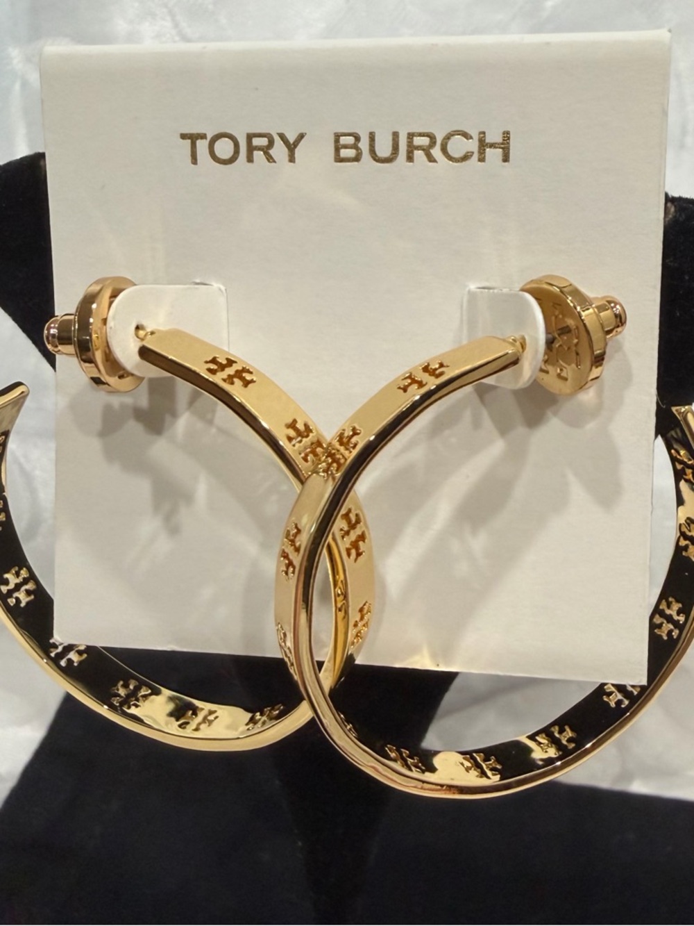 Tory Burch Gold Logo Hoop Earrings New. 1.5”